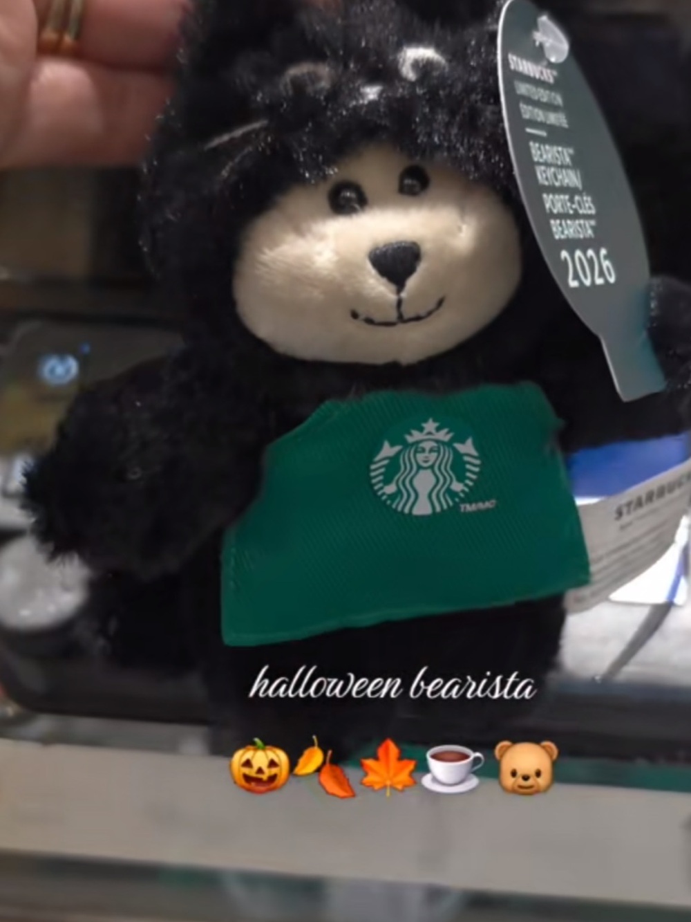 Viral Starbucks Halloween Black Plush Bear Costume with Green Apron bag charm